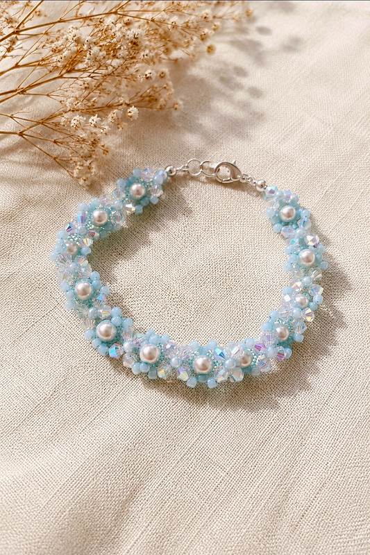 Mint blue pearl flower cluster bracelet by Remillie Jewellery
