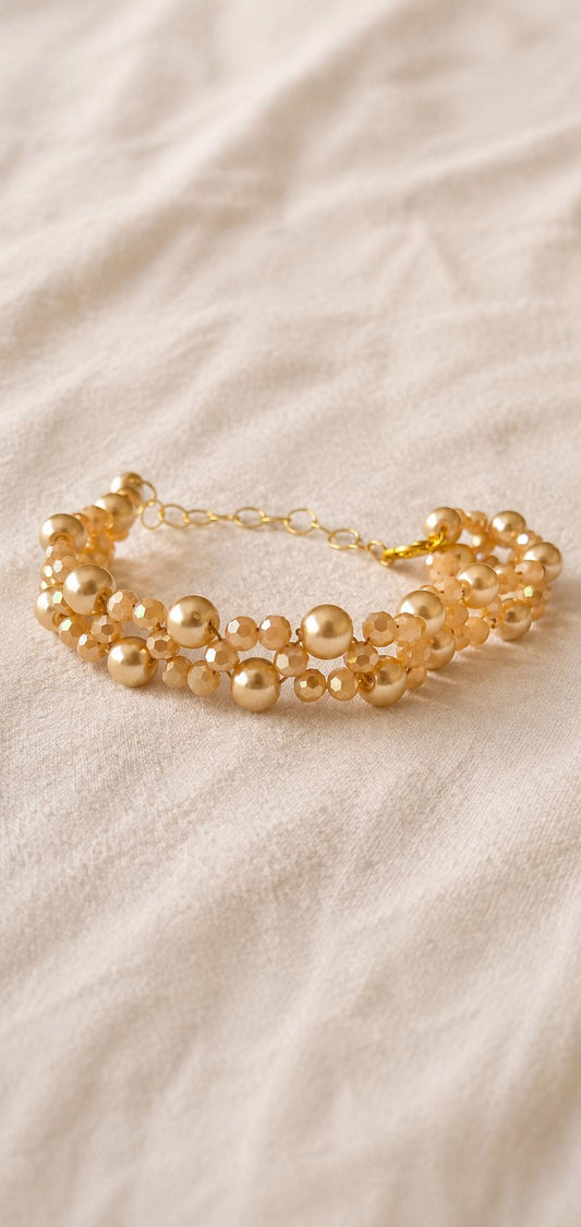 Pearl Beaded Bracelet, Dainty Gold Crystal Bracelet by Remillie Jewellery