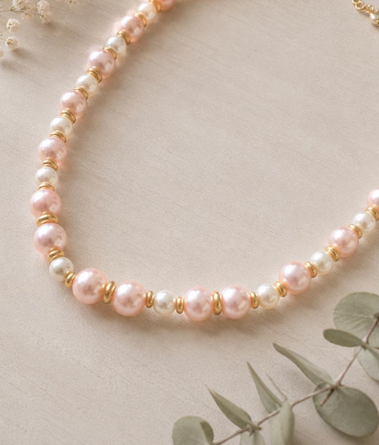 Pink White Glass Pearl Necklace by Remillie Jewellery